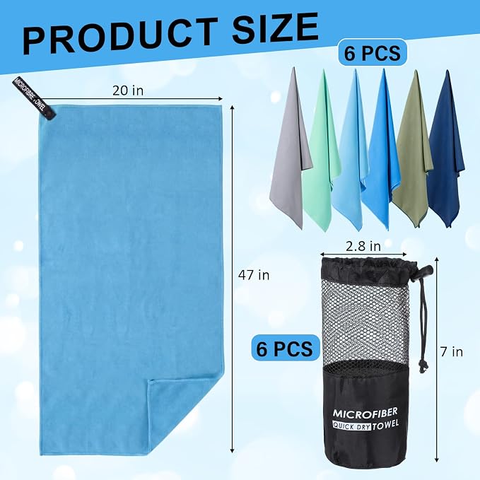 Mindsoft 6 Pack Large Microfiber Gym Towels, 47" x 20" Quick Dry Sweat Towels Super Absorbent Soft Fast Drying Towel Lightweight Towel for Workout, Camping, Backpacking, Beach, Swimming(Classic)