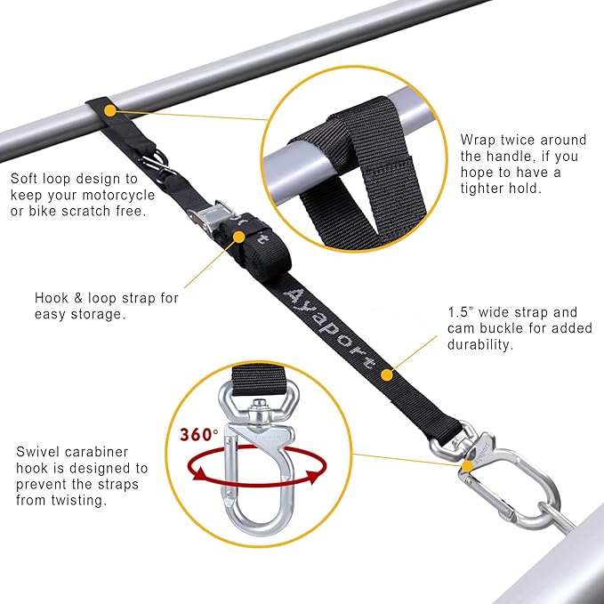 Ayaport Motorcycle Tie Down Straps 1.5” x 8’ (with Swivel Carabiner Hooks) Cam Buckle Tie Downs, Handlebar Strap for Dirt Bike, Motor Bike, Kayak, Car, Truck, Boat, Cargo, Black (1.5" x8'-4pcs)