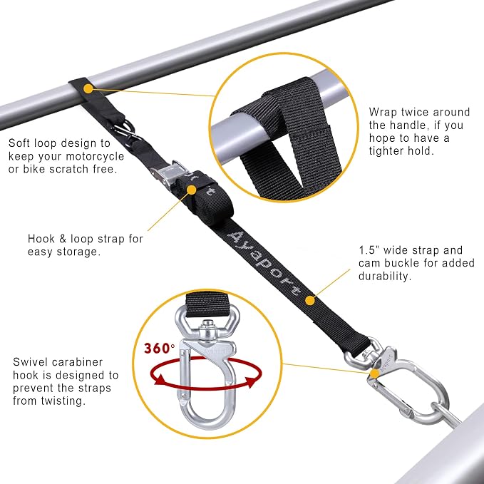 Ayaport Motorcycle Tie Down Straps 1.5” x 8’ (with Swivel Carabiner Hooks) Cam Buckle Tie Downs, Handlebar Strap for Dirt Bike, Motor Bike, Kayak, Car, Truck, Boat, Cargo, Black