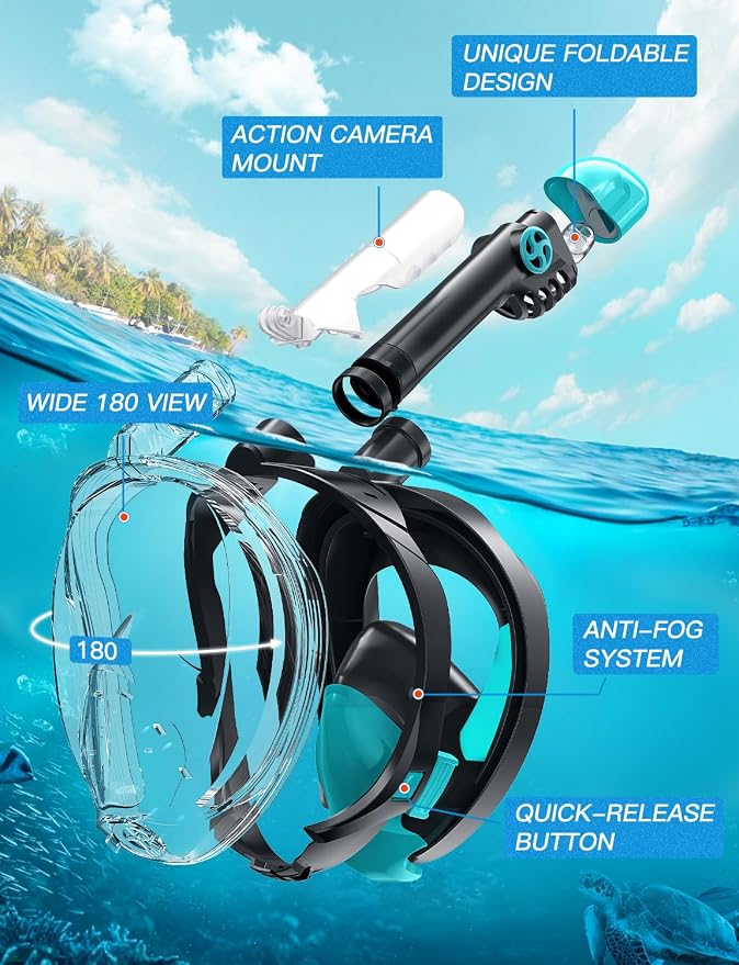 Full Face Snorkel Mask for Adults, 180° Panoramic Anti-Fog Snorkeling Gear with Dry Top System & Camera Mount, Foldable Anti-Leak Design for Travel, Swimming & Ocean Snorkeling