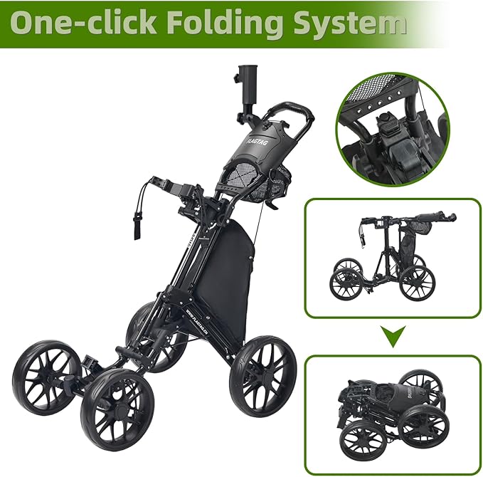 FLAGTAG Golf Push Cart 4-Wheels,Folding Golf Cart, Golf Pull cart with Cup Holder,Umbrella Holder,Cooler Bag, Foldable with one-Click,Handle Height Adjustable,Drink Holder,Walking Push cart