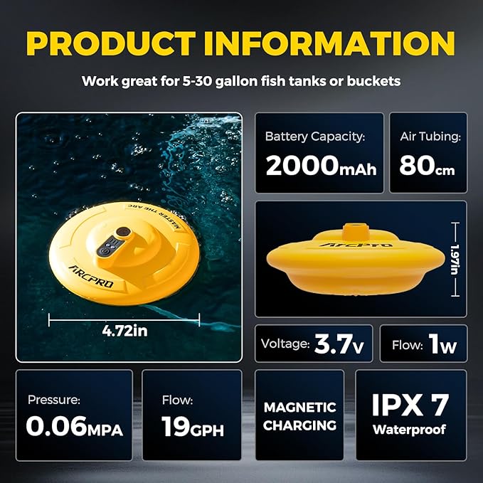 Floating & Rechargeable Bait Bucket Aerator, IPX7 Waterproof with Magnetic Charging, Ultra-Quiet Bubbler for Live Minnows, Portable Aerator for Fishing