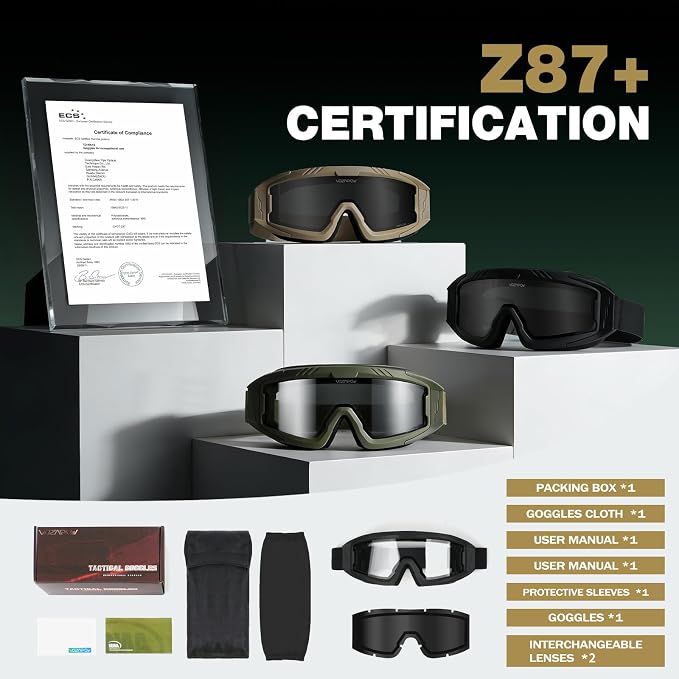 Airsoft Goggles OTG, ANSI Z87.1+ Anti-Fog Tactical Safety Goggles, Impact-Resistant Dust-Proof Eye Protection