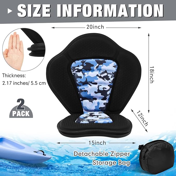 Lewtemi Thicken Kayak Seat with Back Support Canoe Paddle Board Seat with Detachable Storage Bag Adjustable Sit on Top Paddleboard Cushion for Kayaking Canoeing Rafting