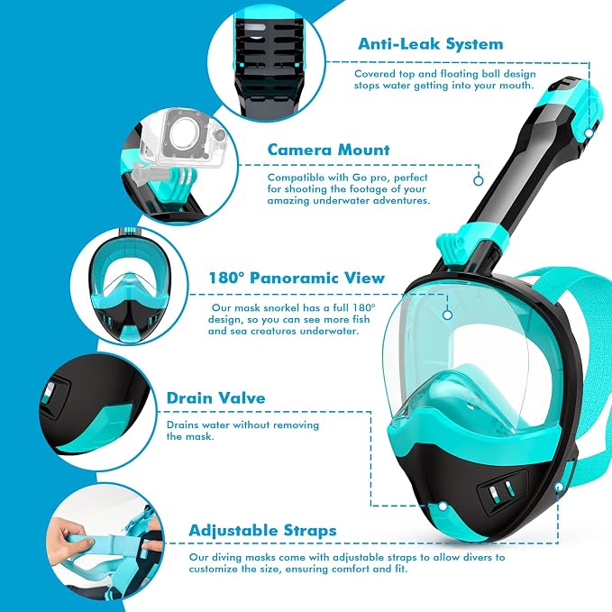 Full Face Snorkel Mask, Snorkeling Gear for Adults Kids with Latest Dry Top Breathing System and Detachable Camera Mount, with 180 Degree Panoramic View