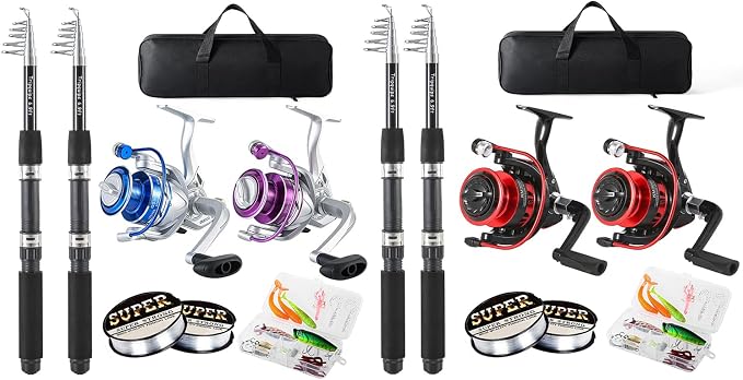 Tripquips 6.9ft Carbon Fiber Telescopic Spinning Fishing Rod and Reel Combo Set for Adults, Includes 4 Rods, 4 Reels, 4 Line Spool, 2 Carrier Bags, 2 Lure Boxes