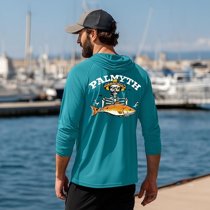 Palmyth Fishing Hoodie for Men Long Sleeve Sun Protection UV UPF 50+ Shirts | Hidden Zipper Pocket, Thumb Loops, Quick-Dry, Side Mesh Panels, Lens Cleaning Cloth, 4-Way Stretch