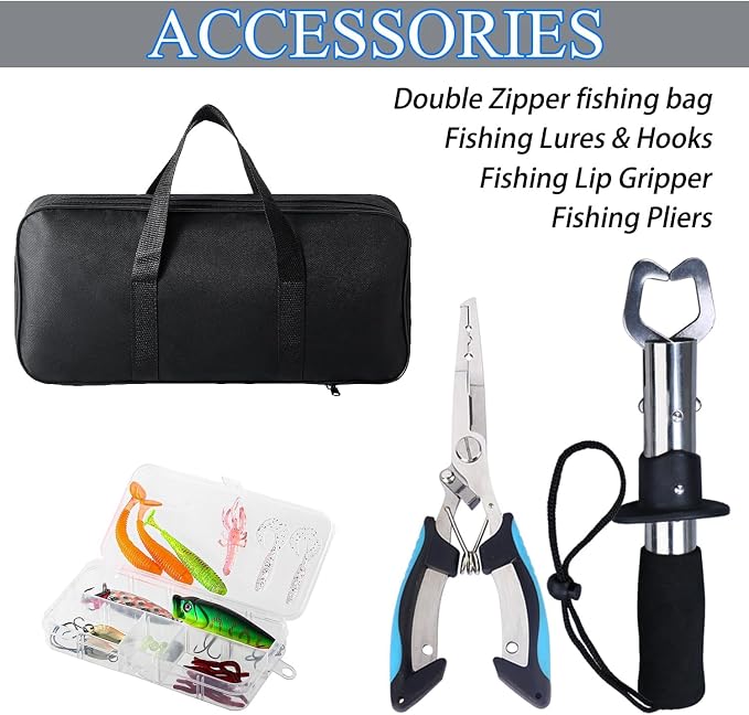 Tripquips Fishing Rod and Reel Combo with Fishing Net, 6.9ft Telescopic Fishing Pole Kit with Fishing Pliers, Lip Gripper, Fishing Lures,Pre-Loaded Spinning Reel Combo