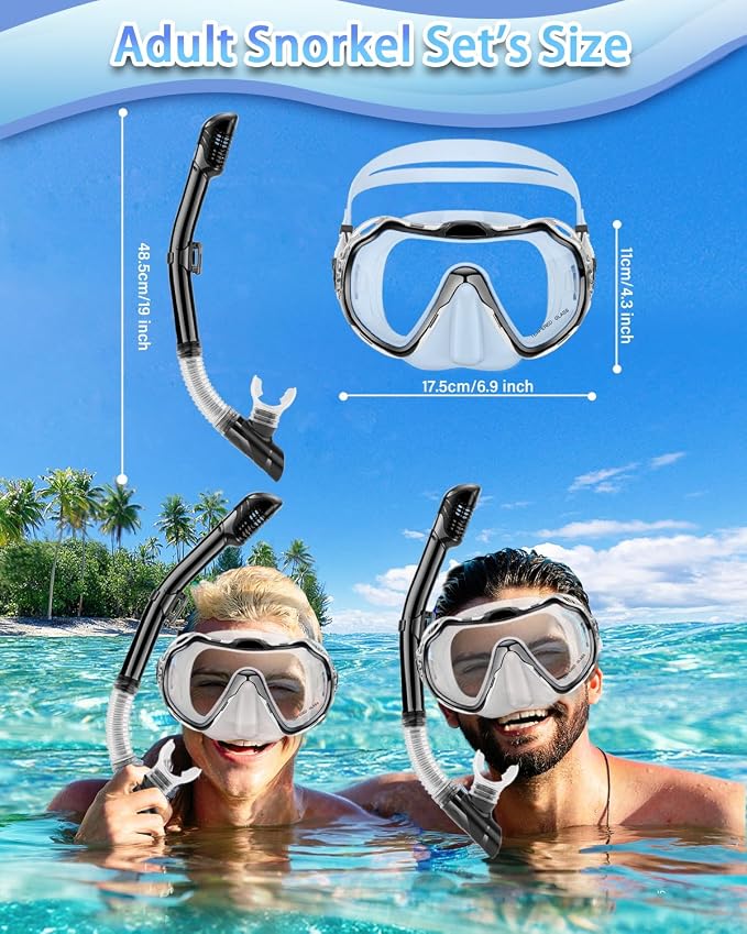 Snorkeling Gear for Adults, Adult Snorkel Set with Panoramic Anti-Leak and Anti-Fog Tempered Glass Snorkel Mask, Dry Top Snorkel, Snorkle Mask Set Adult with Mesh Bag Ear Plug for Snorkeling
