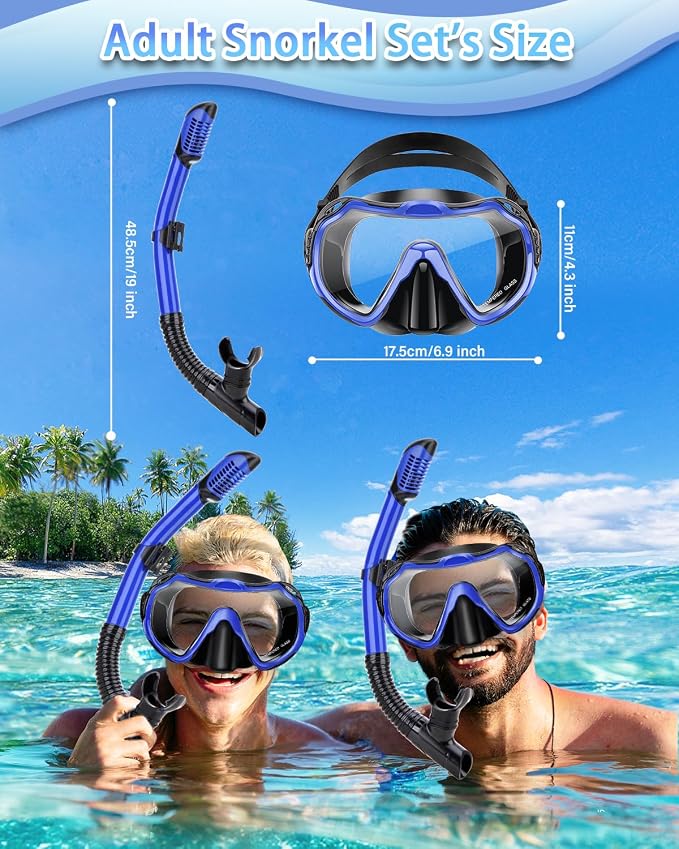 Snorkeling Gear for Adults, Adult Snorkel Set with Panoramic Anti-Leak and Anti-Fog Tempered Glass Snorkel Mask, Dry Top Snorkel, Snorkle Mask Set Adult with Mesh Bag Ear Plug for Snorkeling