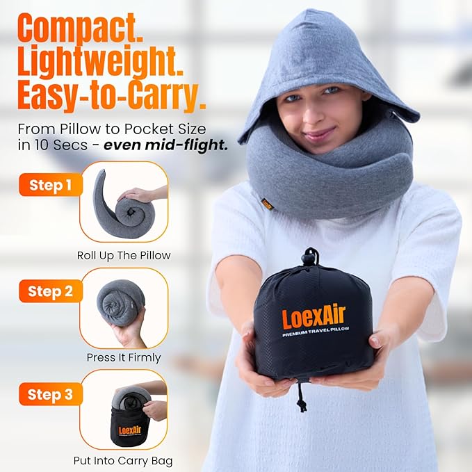 LOEXAIR™ Hooded Pro Travel Pillow - Memory Foam Neck Support Pillow for Airplane, Flight - Super-Soft Pure Cotton Fabric, Maximum Privacy & Light-Block Design, Lightweight Full Travel Kit - Light Grey
