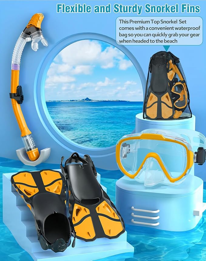 Snorkel Set with Fins for Adults, Snorkeling Gear for Adults Men and Women, Snorkle, Mask Set Adults Dry Top Snorkel Mask Combo Set with Travel Bag for Snorkeling, Diving, Swimming