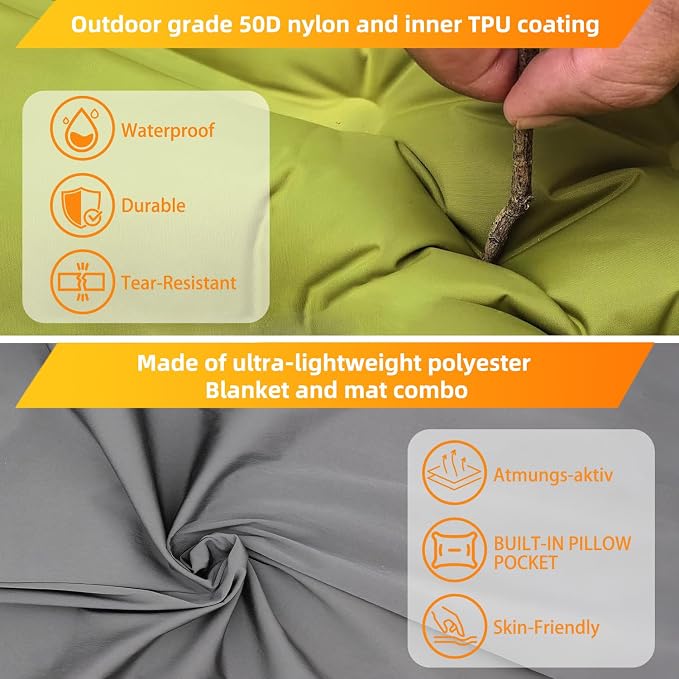 Camping Sleeping Pad, Extra Thick 5 Inch Self Inflating Camping Mat with Ultralight Sleeping Bag Liner Travel Sheet, Camping Pads with Pillow & Foot Pump for Outdoor Hiking, Backpacking, Travel(Green)