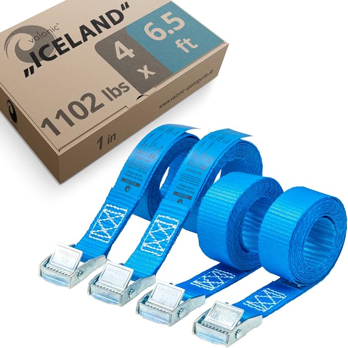 valonic Iceland - tie Down Straps - 4 Pack, 6.5 ft x 1 inch, 1100 lbs, Protection pad, TÜV Rheinl. Certified, cam Buckle - for roof Rack, Surfboard, Kayak, Boat and Bike, Black