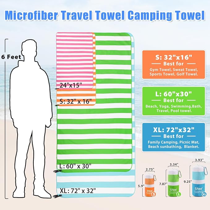 Sfee 2 in 1 Microfiber Travel Towel, Quick Dry Towel Camping Towel Beach Towel Super Absorbent Compact Lightweight Sports Gym Towels Set for Gym, Hiking, Pool, Bath, Yoga (Small: 32''x16'')