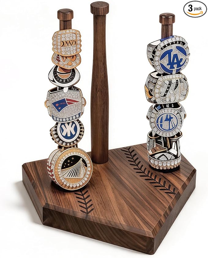 Walnut Wooden Baseball Ring Holder, Softball Championship Ring Organizer Display, Solid Wood Baseball Ring Holder Gift for Boys Girls, Baseball Accessories Storage - Three Poles