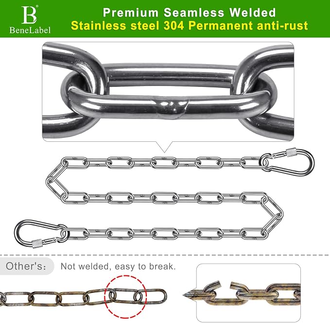 2Pcs 40" (3.3 ft) 304 Stainless Steel Hanging Chains with 4 Carabiners 1000 LB Capacity Swing Chain Extension Hammock Chains with Hooks Hardware Chain for Hanging Chair, Porch Swing, Egg Chair
