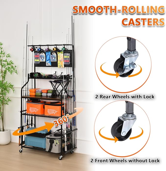 Heavy Duty Fishing Rod Rack, Fishing Organizer for Garage, Fishing Gear Holder for Garage with Movable Wheels