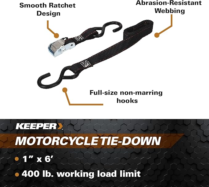 KEEPER 05715 6' x 1" Cam Buckle Motorcycle Tie-Down, 2 Pack", black, large