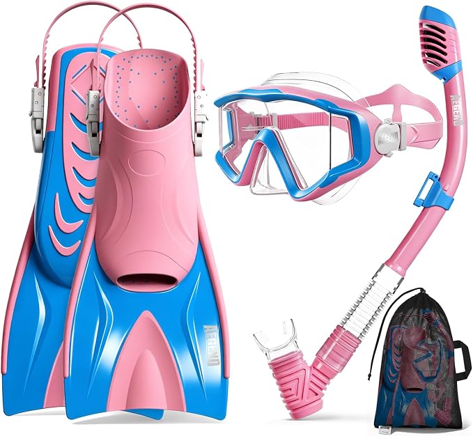 Aegend Snorkeling Gear for Kids Youth – 4-in-1 Snorkel Set with Anti-Fog Mask, Dry Snorkel & Adjustable Fins for Swimming, Diving, Snorkeling, Beach Vacation – Includes Travel Mesh Bag