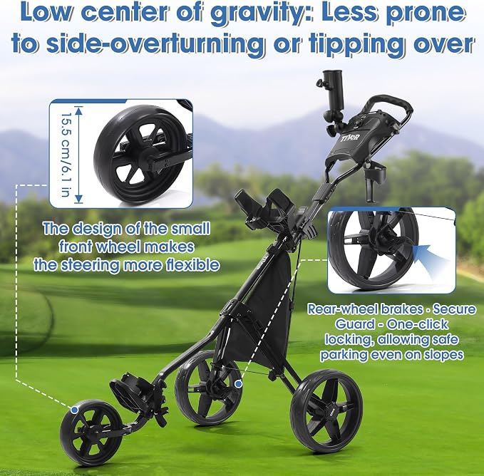 Tivor 3 Wheel Golf Push Cart, Lightweight Push Cart Golf One-Click Folding, Adjustable Height Pushcart for Golf Bags, Compact Design for Ladies, Junior Golfers