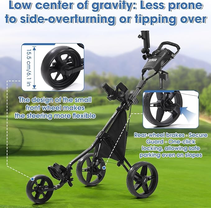 Tivor 3 Wheel Golf Push Cart, Lightweight Push Cart Golf One-Click Folding, Adjustable Height Pushcart for Golf Bags, Compact Design for Ladies, Junior Golfers