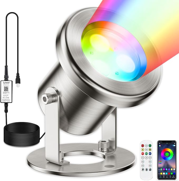 LyLmLe LED Pond Lights with APP Control & 12V Transformer | 6W SS316 Stainless Steel RGB Underwater Fountain Light, IP68 Waterproof Underwater Lights for Pond Waterfall, Black Wire