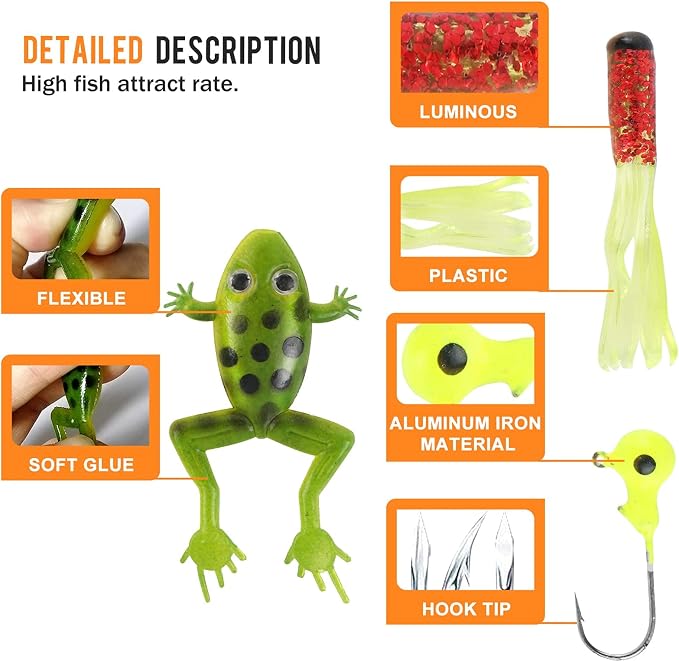 Pure Vie Fishing Topwater Lures Kits Mixed Universal Artificial Soft Baits Tackle Including Crankbaits, Spinnerbaits, Plastic Worms, Frogs, Hooks, Tackle Box - Freshwater Saltwater Fishing Equipment