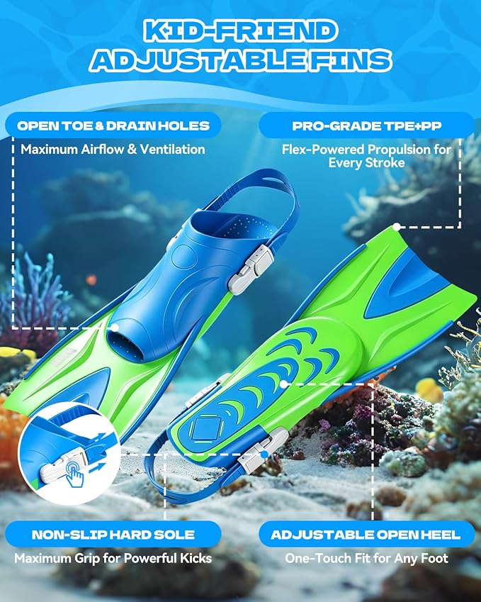 Aegend Snorkeling Gear for Kids Youth – 4-in-1 Snorkel Set with Anti-Fog Mask, Dry Snorkel & Adjustable Fins for Swimming, Diving, Snorkeling, Beach Vacation – Includes Travel Mesh Bag