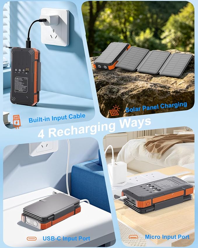 Solar Charger Power Bank 49800mAh with 4 Built-in Cables & 4 Foldable Panels, 22.5W Fast Portable Phone Charger, External Battery Pack with USB-C in/Output & Flashlight for Outdoor Camping