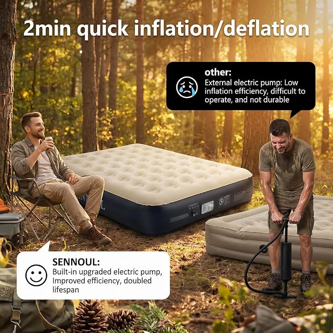 SENNOUL Air Mattress Queen with Built in Pump - Upgraded Blow Up Bed, 2 Mins Quick Self Inflatable, 13"/650lbs Max, Strong Support, All Night No Lost Air, for Camping,Home,Guests & Portable Travel