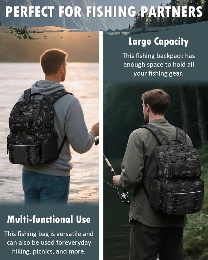 HAMBOLY Fishing Backpack with Tackle Boxes, 50L Fishing Tackle Bag with Cooler & Rod Holders, Waterproof Tackle Bag for Men