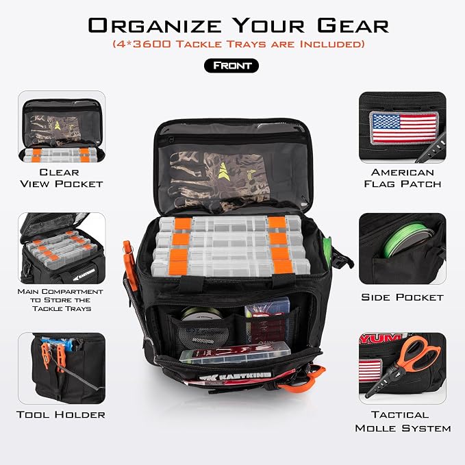 KastKing Karryall with Box Tackle Bag, Saltwater & Freshwater Gear Storage | 4 x 3600 Tackle Trays are included, Water-resistant, Padded Shoulder Strap, 20L, Store up to (6) 3600 size Lure Boxes
