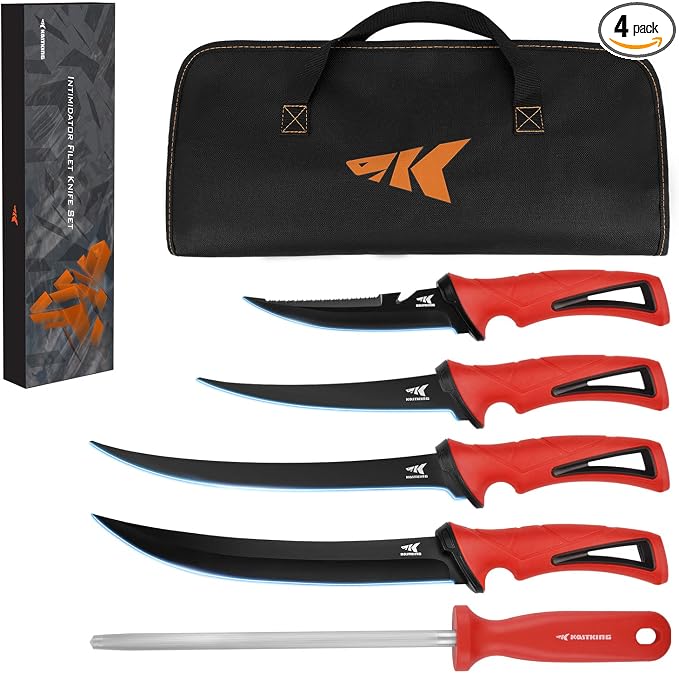 KastKing Intimidator Filet Knives and Bait Knife Set,Fishing Gifts, 6pcs | G4116 German Stainless-Steel Blades, Non-Slip Handle, Fresh & Saltwater, Durable Storage Bag, Great Fishing Gifts