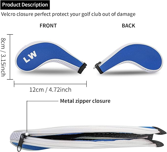 Golf Club 12pcs Thick Synthetic Zipper Long Neck Set Headcover Fit The Most Brands, Side Number Golf Iron Club Head Cover LW SW PW Covers #3,4,5,6,7,8,9