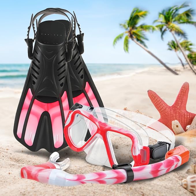 Snorkeling Gear for Kids, 4 in 1 Child Mask Fins Snorkel Set with Panoramic View Anti Fog Mask, Dry Top Snorkel, Trek Fins and Travel Bag, Kids Snorkeling Set with Fins for Snorkeling Swimming