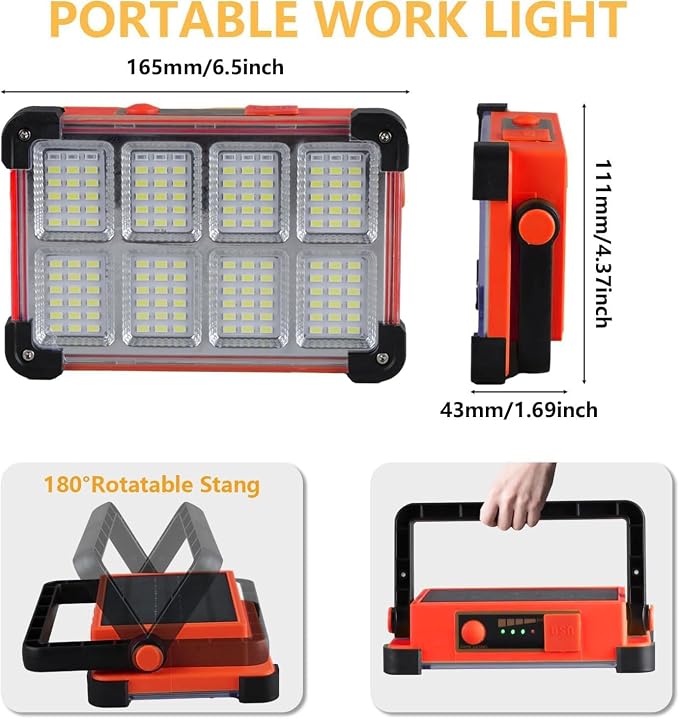 120W LED Solar Work Light, 144 LED 10000LM Portable Flood Light with Stand, Orange 4 Modes Rechargeable, IP65 Waterproof Outdoor Working Light for Camping, Fishing, Car Repair & Mechanics (Red)