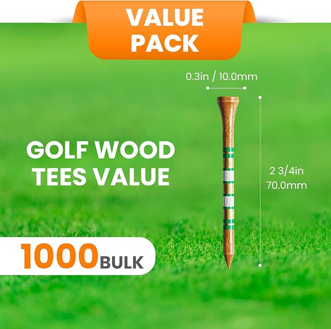Golf Tees Wood 3 1/4 2 3/4 Inch Value 500/1000 Pack with Bright Colors & Consistent Height, High Visibility with Gold Stripes for Course Practice