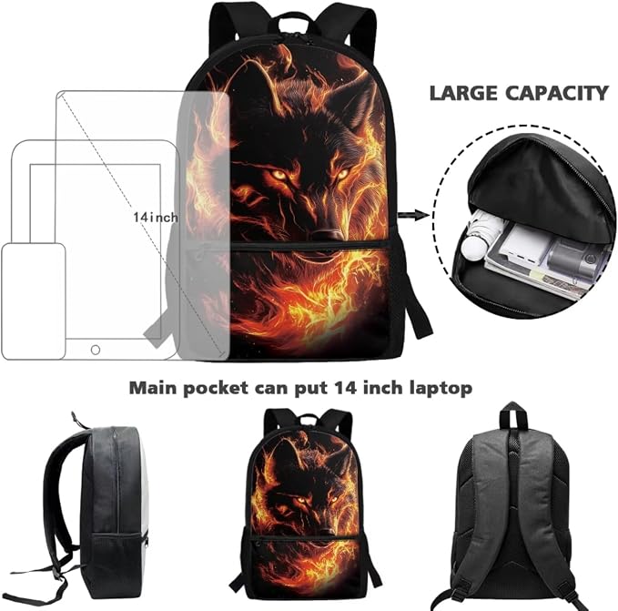 Fire Wolf School Bag Kids School Bag for Boys and Girls Backpack with Lunch Box Pencil Case Water Bottle Holder 4PCS School Accessories