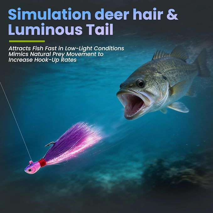 Natufish Bucktail Jigs 3/5Pcs Flash Hair Tail Lifelike Action Saltwater | Fishing Hair Jigs with Natural Deer Hair, 3D Eyes & Sharp Hook Design, Mimic Baitfish Movement 1/4oz-2oz Sizes