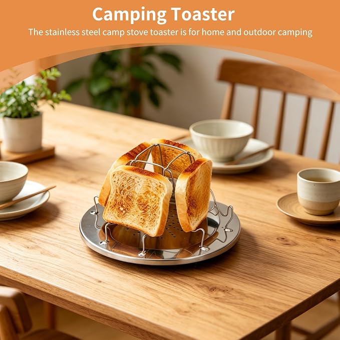 Camping Toaster for Gas Stove, Camp Stove Toaster Folding Portable 4 Slice Stainless Steel Stovetop Bread Toast Rack for Outdoor Cooking Camping Hiking Backpacking BBQ Picnics