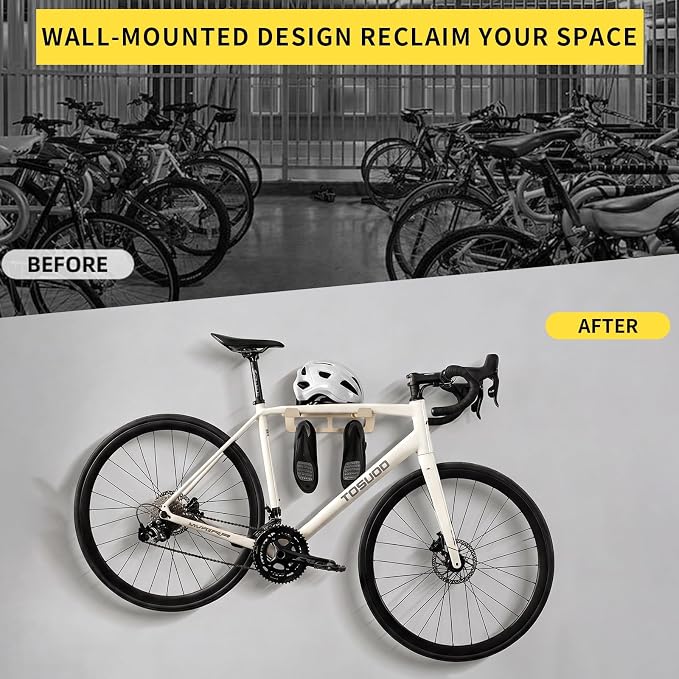 Bike Wall Mount Rack Indoor Bike Storage Garage Bike Rack Wall Mount with Shelf and Hooks Store Your Helmet and Shoes Heavy-Duty Adjustable Bike Hanger for a Single Road, Mountain Bicycle