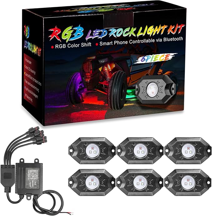 OFFROADTOWN RGB LED Rock Lights with 6 pods Neon Trail Rig Lights Underglow Universal for UTV ATV Polaris Can-Am Yamaha Honda Tundra