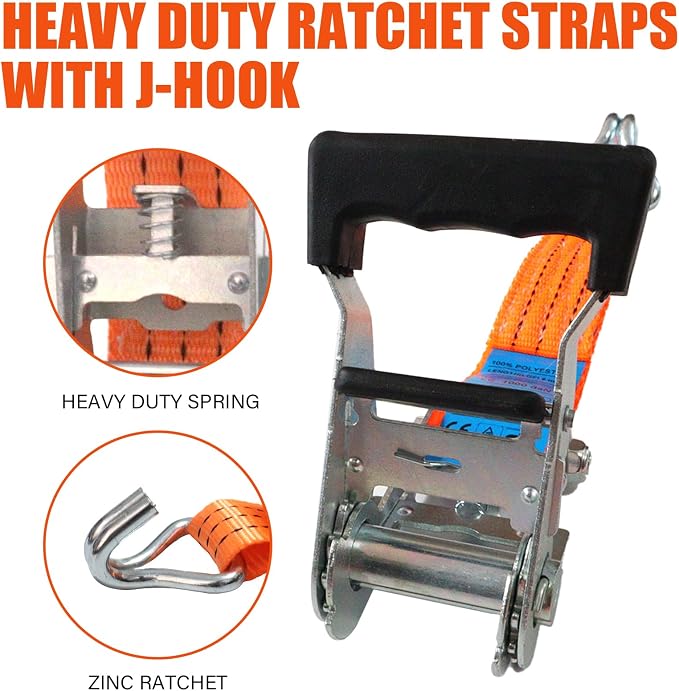 Ratchet Straps Heavy Duty 4Pcs 2.3" x 20ft with 4 Helper Tie Down Ratchet Straps and Storage Bag, Galvanized Zinc Double J Hook for Trailer, Truck, Motorcycle, Cargo Moving - Orange