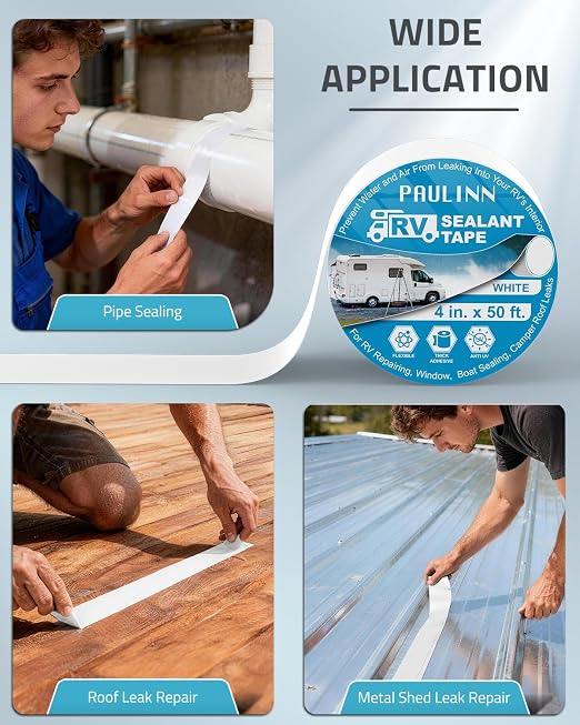 PAULINN RV Camper Roofing Repair Sealant Tape White, 4 Inch X 50 Foot Natural Rubber Roof Sealing Tape, UV & Weatherproof Roof Seal Tape for RV Camper Trailer Boat Sealing Leak Repair