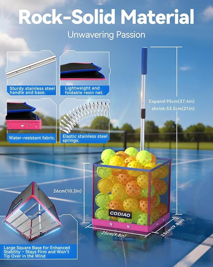 Pickleball Picker Upper 40+ Ball Capacity Hopper Holder, Foldable Basket with Telescopic Stainless Steel Handle, Quick Pickup No Bending Ball Retriever Collector, Portable for Court Training