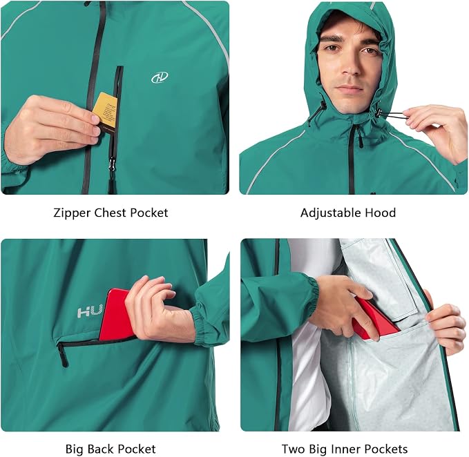 Hugut Men's Cycling Running Rain Jacket Lightweight Waterproof Biking Hiking Windbreaker Raincoat Reflective Packable
