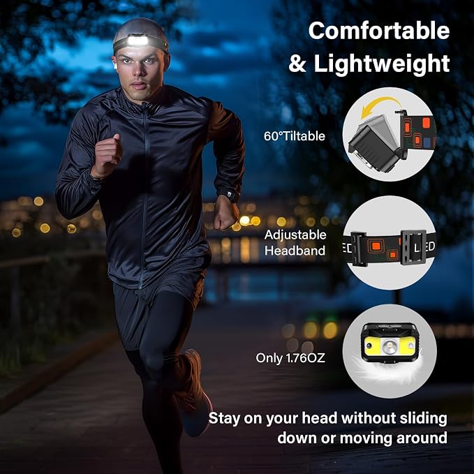 MIOISY Headlamp Rechargeable, Ultra Bright LED Head Lamp Flashlight with White Red Light, 2 Pack Motion Sensor Waterproof Headlight, 8 Modes Lights for Camping Fishing Running