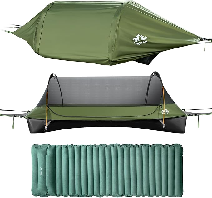 Night Cat Upgraded Flat Lay Hammock Tent Combo with Sleeping Pad Non Rolling for 1 Person Adults 330LBS 87x28x19in