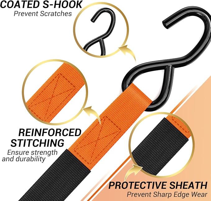 Ratchet Tie Down Strap 8-Pack 15 Ft - 500 lbs Load Cap with 1500 lbs Breaking Limit, Ohuhu Ratchet Tie Downs Logistic Cargo Straps for Moving Appliances, Motorcycle, Orange
